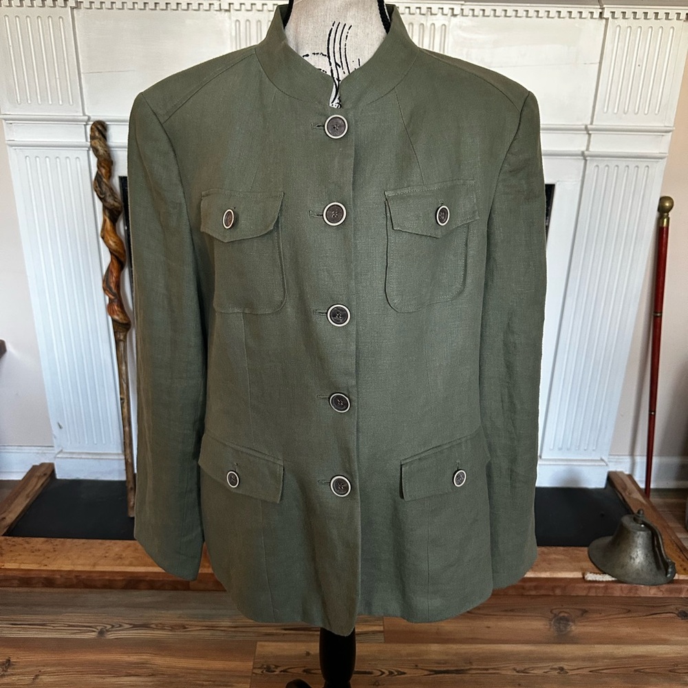 Style & Co Olive Green Linen Safari Utility Jacket Size 14 Blazer Lined Neutral